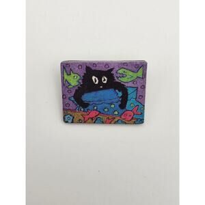 DVS Signed Black Cat Fishbowl Plastic Brooch Pin Hand Painted Whimsical Artwork